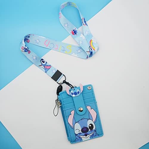 Stitch Cute Badge Holder com cordão, bolsa de bolsa de titular de cartão de crédito ID com cartolina