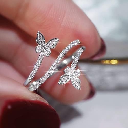 Anel de borboleta dupla de zircão prateado diamante noivado de casamento jóias de presente para mulheres