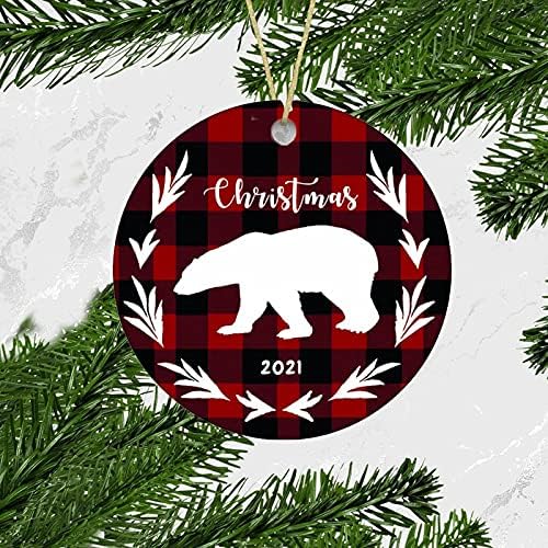 Ornamento de urso 2021 Ornamento de Natal Ornamento de cerâmica xadrez de búfalo de búfalo Ornamento de lembrança