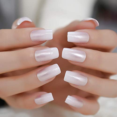 Echiq Pearl Shine Fake Blingly Fake Nails Shimmer White Square French Nail Ombre Faux Ongles Gradiente Médio Punto
