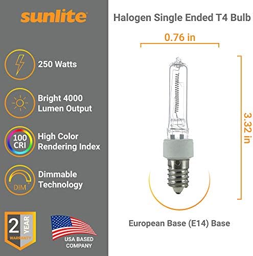 Sunlite 03160-Su Q250/CL/E14 250W Halogen Single Termed T4 European Base Bulbs, 3800 lúmens, Dimmable, 2000 Hour