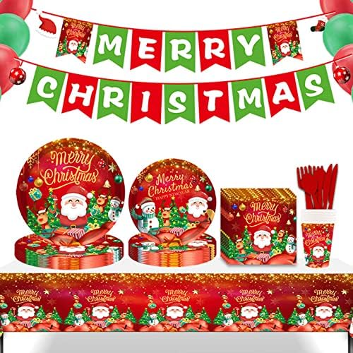 Fornecedores de festa de Natal de Elingsa, decorações de festa de Natal de 82pcs com toalhas de mesa Placas de copo