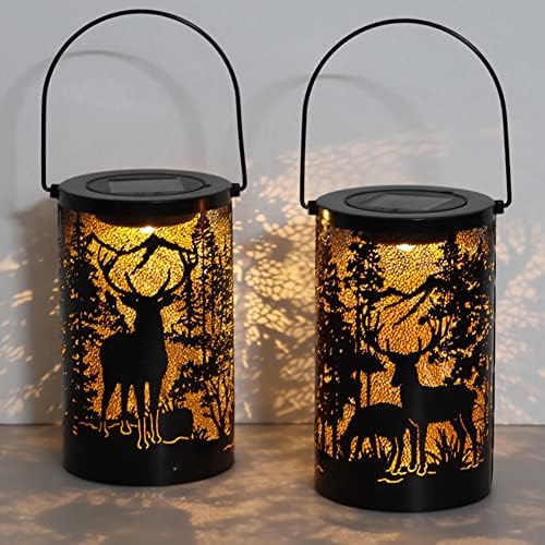 Lanterna solar externa feita de metal, esculpindo a aparência de florestas e veados. Lâmpadas decorativas