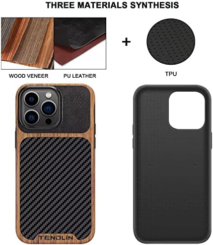 Tendlin Compatível com iPhone 14 Pro Case Wood Grain com fibra de carbono Design de couro Hybrid Slim Case