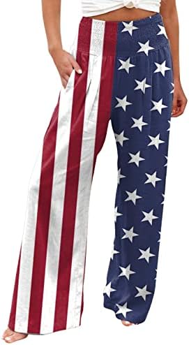 4 de julho de linho calças de perna larga para mulheres American Bandle Ruched Elastic High Wister Wide