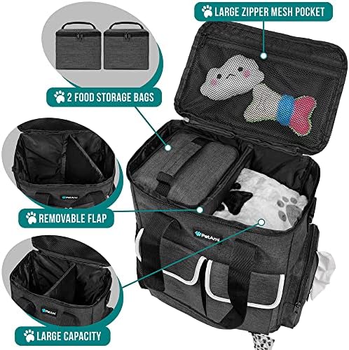 Petami Dog Travel Bag Supplies Organizador de viagens Organizador com contêineres de alimentos Bolsos de