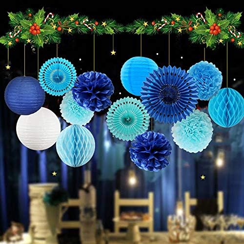 Decorações de festa azul suspensa papel de papel Poms papel de flor de flores de lanternas e bolas de favo de mel para chá de bebê de chá de bebê