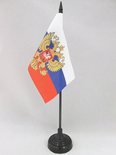 AZ Flag Rússia com bandeira de mesa de águia 4 '' x 6 '' - Bandeira da mesa russa de armas 15 x 10 cm - palito