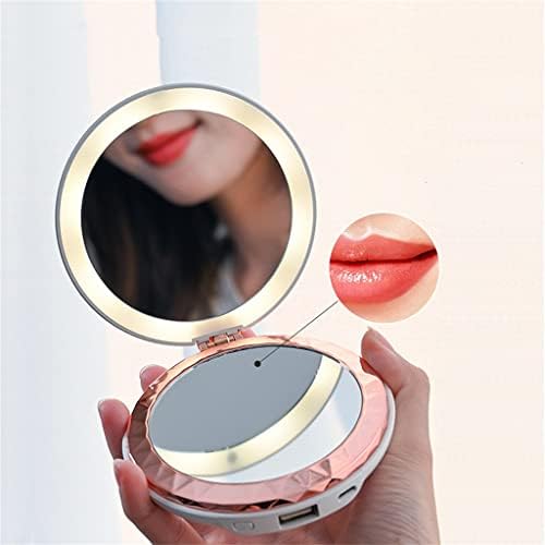 TJLSS Mini maquiagem portátil espelho LED espelho redondo espelho redondo Banco de potência de dupla