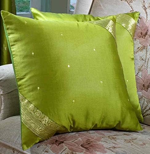 OLIVE GREEN - Conjunto de 2 capa de almofada de sari artesanal decorativa, arremesso de travesseiro 18 x 18