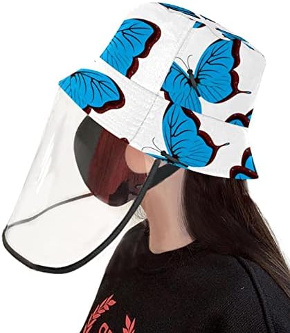 Chapéu de proteção para adultos com escudo facial, chapéu de pescador anti -sun tap, desenho azul de borboleta
