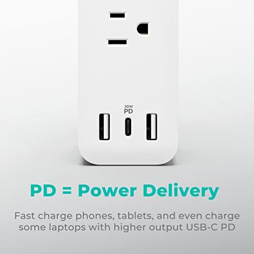 KMC USB-C PD PD Surge Protector 3-Outlet Power Strip 2-Pack, Porta USB-C de Greats de Popa de 30w, 2 portas