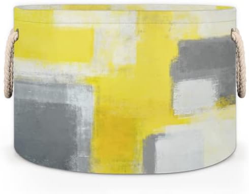 Grey Amarelo Abstract Art Paintando grandes cestas redondas para cestas de lavanderia de armazenamento