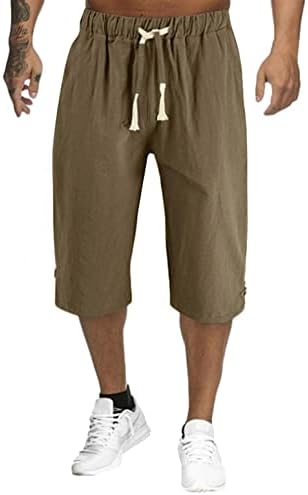 Shorts homens, shorts calças de linho de algodão de algodão abaixo do joelho de shorts de caminhadas