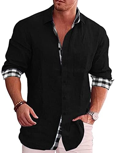 Camisas para baixo de linho de algodão masculino do ZDDO, camisa de retalhos de retalhos de retalhos xadrez de