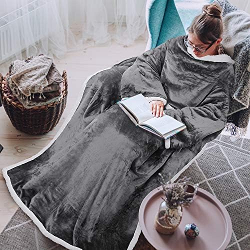 Tirrinia sherpa cobertor vestível Ultra macio confortável macio de corpo inteiro de corpo com mangas, lendo cobertores de tv cover para mulheres e homens adultos, cinza