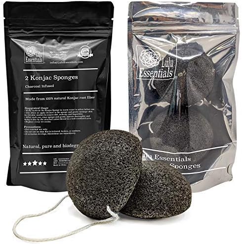 Lulu Essentials Ativado a carvão infundido Konjac Sponge Facial | 2 pacote | Limpador de rosto natural