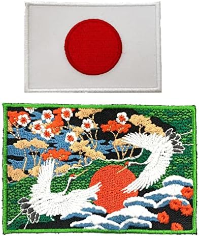 A-One 2 PCS Pack- Ukiyoe Crane Patch+Japão Aplique bordado com bandeira, remendos coloridos, emblemas