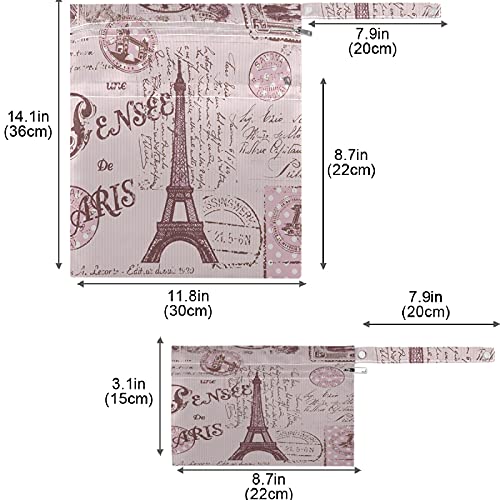 VISESUNNY Pink Eiffel Tower Stamp 2pcs bolsa molhada com bolsos com zíper lavandulenta lagarta reutilizável para viagens, praia, piscina, creche, carrinho, fraldas, roupas de ginástica sujas, roupas de banho molhadas, produtos de higiene pessoal