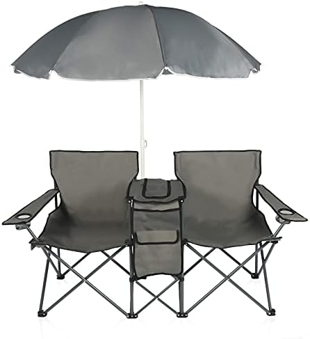 Cadeira de piquenique portátil dupla doalbun cadeira de camping c/guarda -chuva portador de bebida