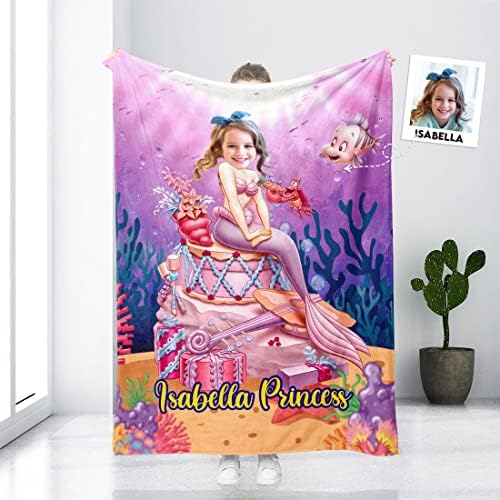 Angeline Kids USA fez cobertor de bebê personalizado com foto de rosto, Mermaid Princess Custom Baby Blanket