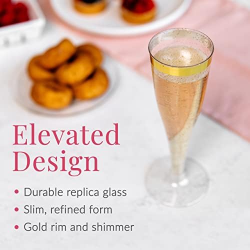 24 flautas de champanhe plástico descartáveis ​​| Gold Rim Gold Glitter Glitter Plastic Champagne