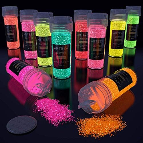 Arteza Glitter Fine, conjunto de 54 cores, frascos de agitação brilham sob luz preta UV, suprimentos extra