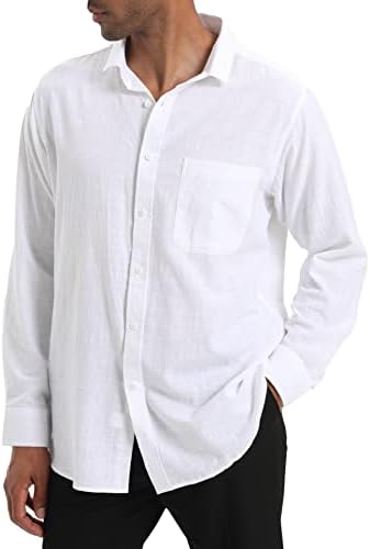 Camisas de praia de linho de algodão Yaogro: botão casual masculino de manga comprida camisa de vestido de forma solta com tops de bolso