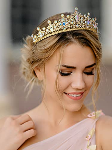 Sweetv Princesa Tiara Crown for Women Girls, Tiara de casamento de ouro para noiva, Acessórios iridescentes de