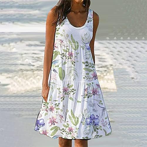 Vestido de praia floral de verão feminino, vestido de pescoço redondo de pescoço sem mangas