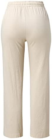 Calças de linho de algodão casual de verão para mulheres calças de perna larga com bolsos calças de perna reta