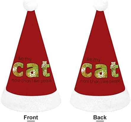 Eu gosto do meu chapéu de natal de pelúcia de gato travesso e bonitos chapéus de Papai Noel com