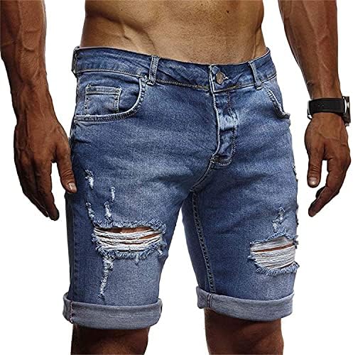 Jeans esticados clássicos masculinos, jeans curtos e desanimados de jeans de jea