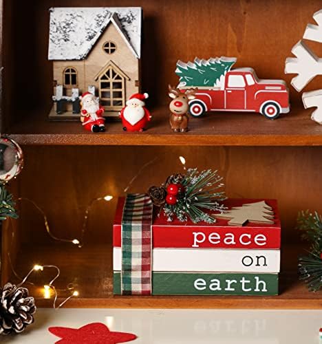 Pilha de livros de madeira de Natal, decoração de bandeja em camadas de Natal, Peace on Earth