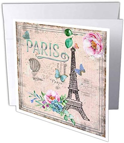 3drose Paris France Eiffel -Tower Shabby Floral Text Ilustração Vintage - Cartão de Greeting, 6 x 6,