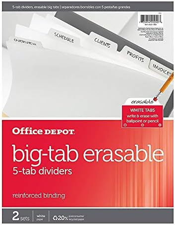 Office Depot apagável Big Tab Divishers, 5 tab, branco, pacote de 2 conjuntos, 3585478681