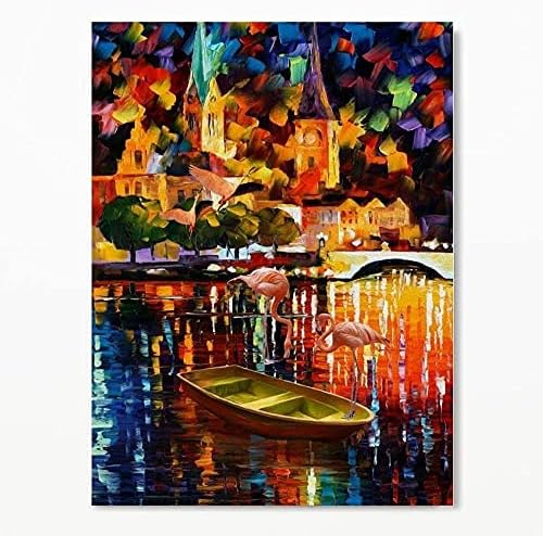 Arte moderna | Pintura colorida de lona de pássaro flamingo de água de barco | Pintura de lona