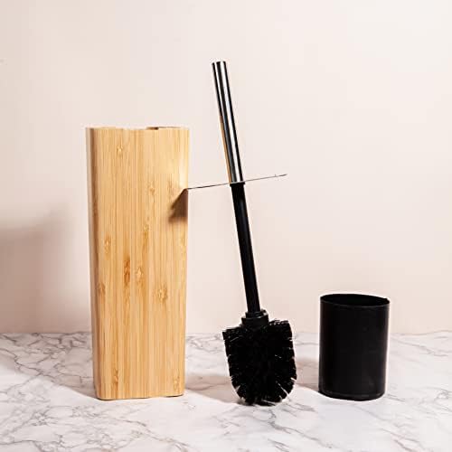 Suporte de escova de vaso sanitário de bambu com alça de aço inoxidável e tampa para limpeza do banheiro