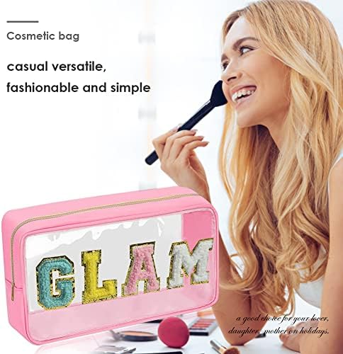 Sacos de maquiagem claros de letra de chenille tboline, bolsa de cosméticos de maquiagem de PVC formal, bolsa