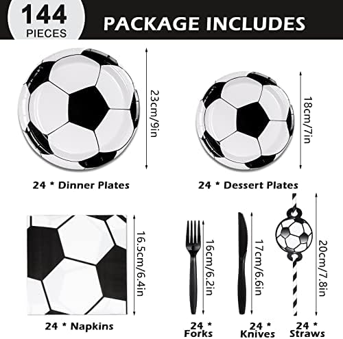 144 PCS Supply Soccer Party, conjunto de tableware de aniversário temático de futebol inclui pratos, pratos