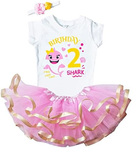 Luke e Lulu 2º aniversário da roupa de bebê Tutu Dress Set - Baby Shark Birthday Shirt + Headband + Tutu