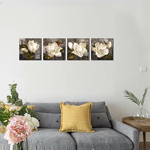 Arte da parede marrom Prinha de lona de flor marrom para banheiro decoração de cozinha decoração de parede marrom rústica Flores brancas Magnolia Floral Tela Art 12x12inchx4pcs
