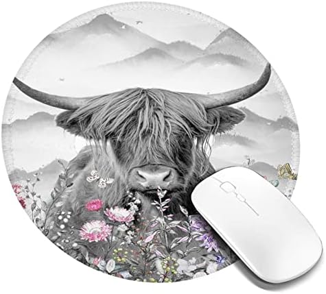 Round Mouse Pad Farmhouse Highland Cow Cattle com flores para jogos personalizados Mouse Mat Mountain Nature
