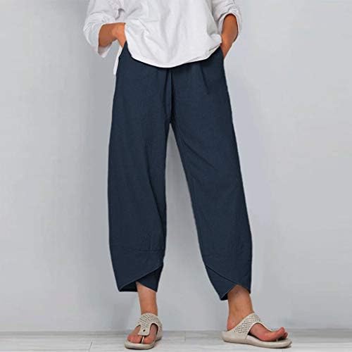 Calça de linho de algodão feminina cintura elástica de verão calças de praia de perna larga e relaxadas Fit