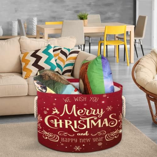 Merry Xmas Ano Novo Grandes cestas redondas para cestas de lavanderia de armazenamento com alças