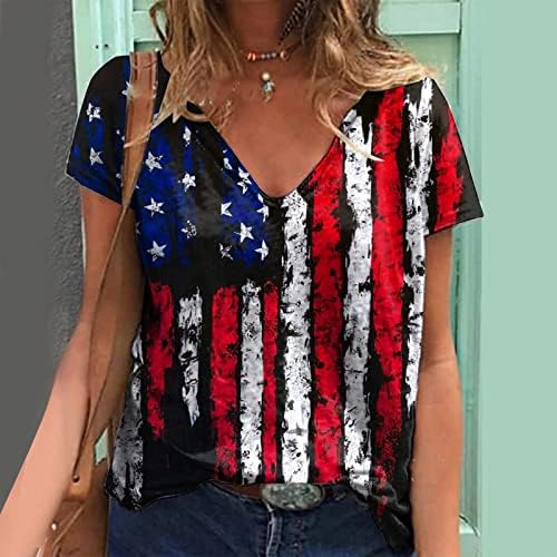 American Flag Shirt Womens 4 de julho Camiseta patriótica feminina v listras de estrela do pescoço EUA Tops