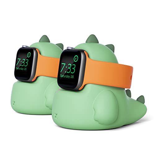 Afooyo 2 carregador de pacote stand silicone dock titular para Apple Watch Series 8/Ultra/SE2/7/6/se/5/4/3/2/1, dinossauros Iwatch Charging Dock, suporta o modo de noite de noite, menta verde