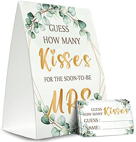Kit de cartas de jogo de chuveiro de noiva, Greenery Golden, adivinhe quantos beijos para a Sra.
