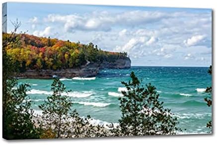 Ondas de batida e árvores de outono no lago Superior Shore Michigan Arte de parede de lona para pinturas de