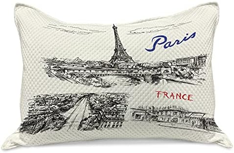Ambesonne Eiffel Tower micoteca de colcha de travesseira, Paris esboça a ilustração monocromática da paisagem